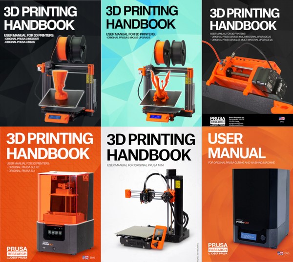 sixpanell of 3d printing handbooks from prusa research